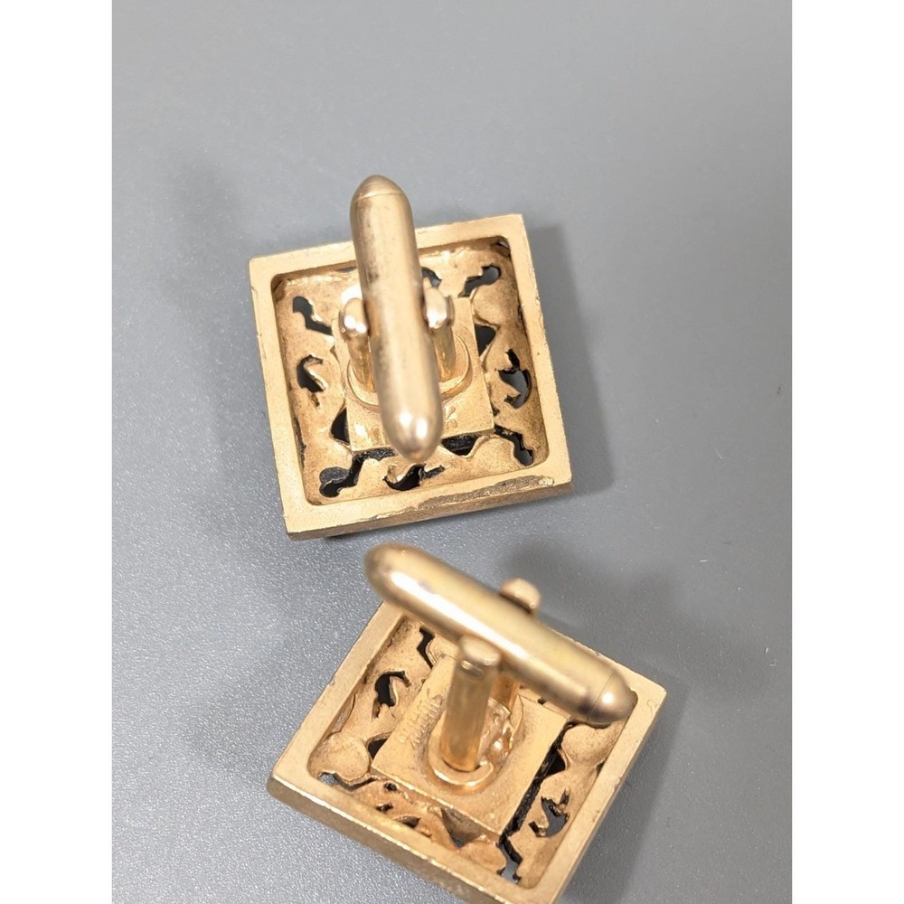 Vintage Swank Faux Topaz Stone Square Vine‎ Scroll Gold Tone Cufflinks - Picture 5 of 9